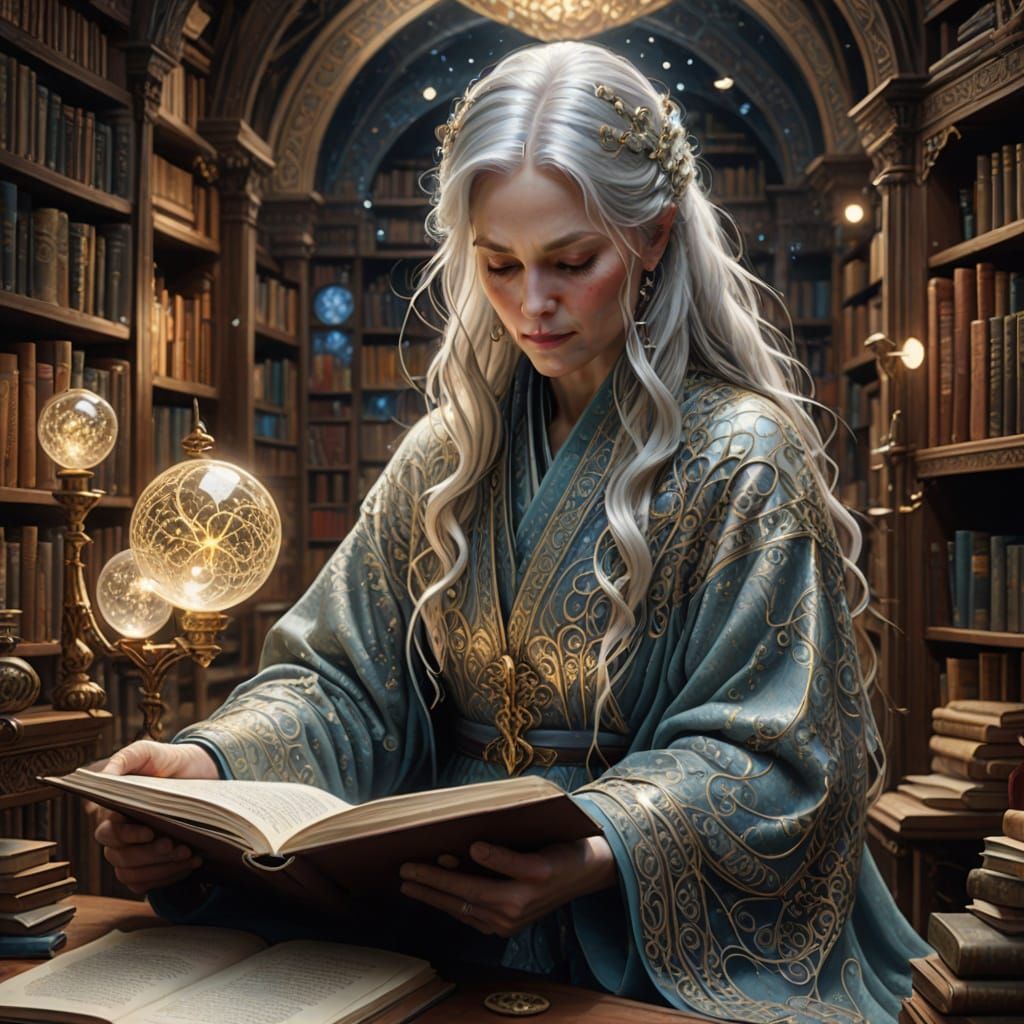 Enchanted Bookkeeper Amidst Whimsical Library Realms