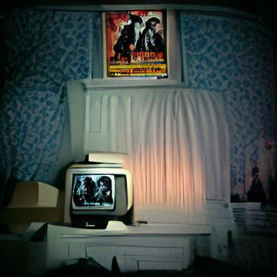 Retro Bedroom Scene with Black and White Movie