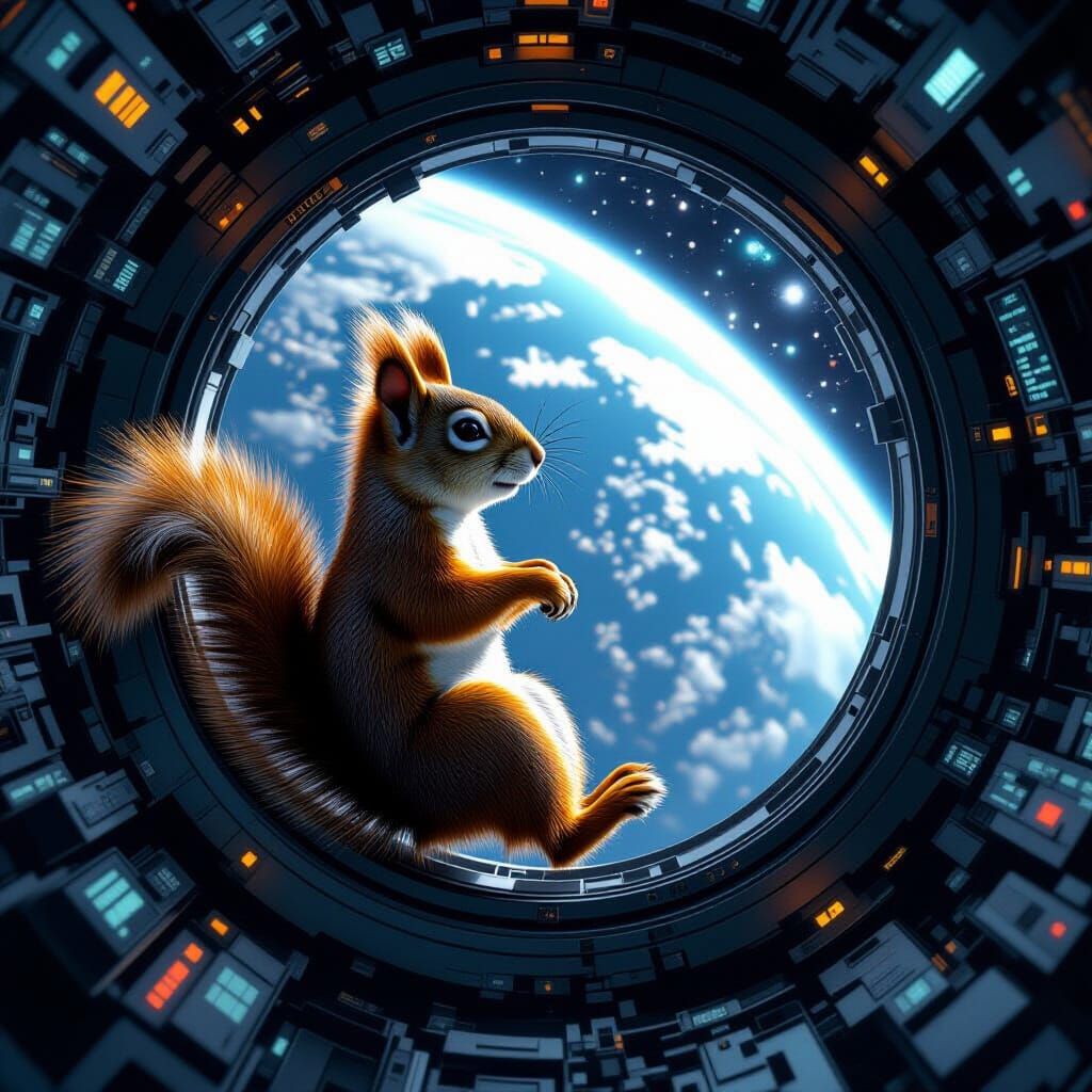 Squirrel Astronaut Gazing at Earth in Spaceship