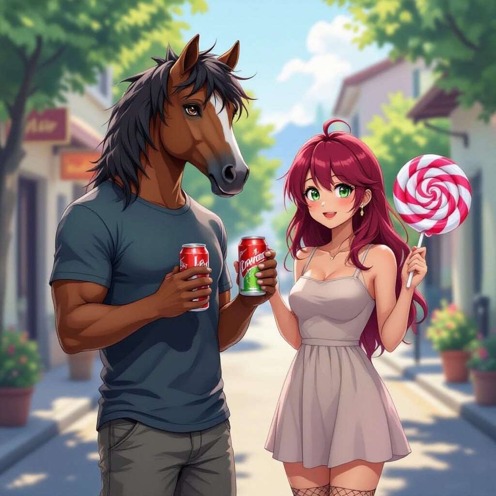 Anime Centaur Man with Energy Drinks