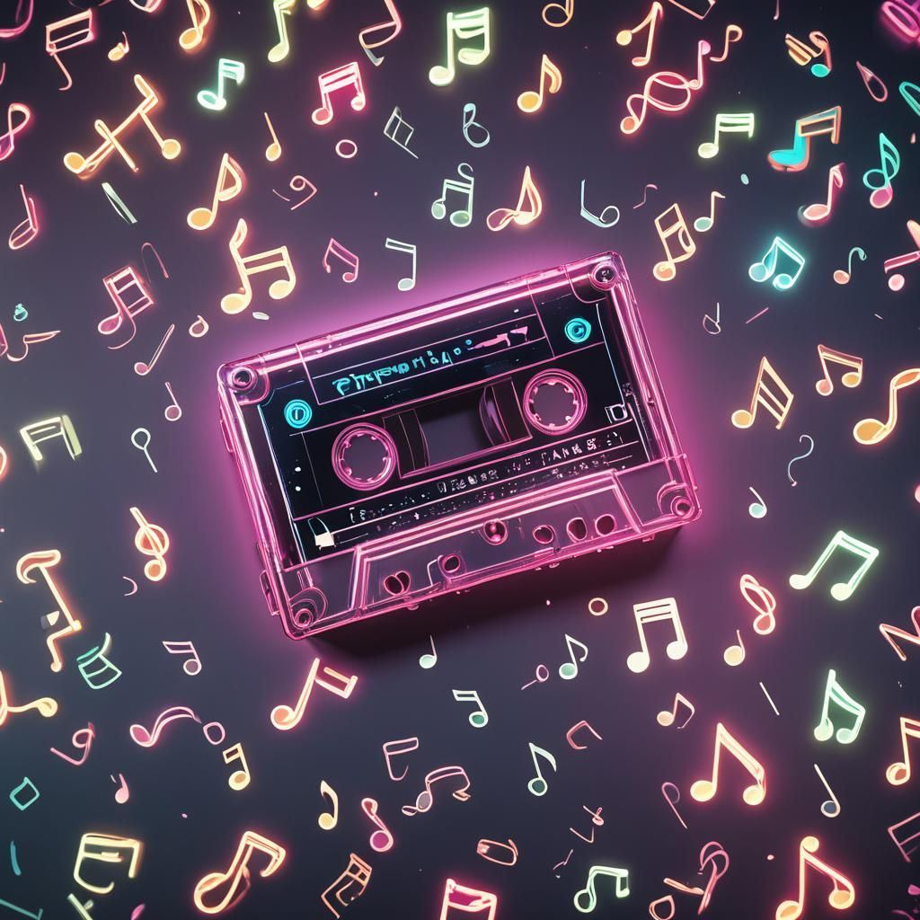 Vaporwave Cassette Tape with Musical Notes