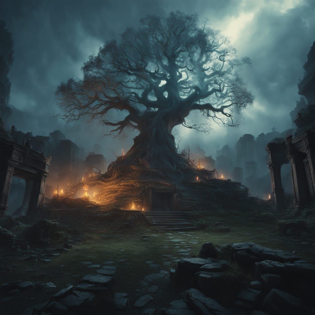 Bioluminescent Tree Amidst Ruins in Fantasy Art
