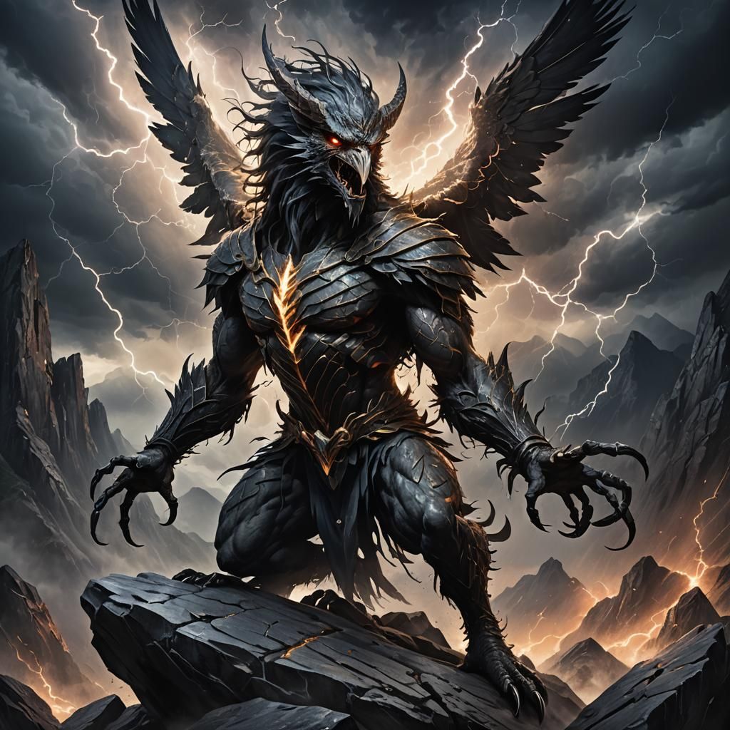 Menacing Bird Spirit in Stormy Landscape