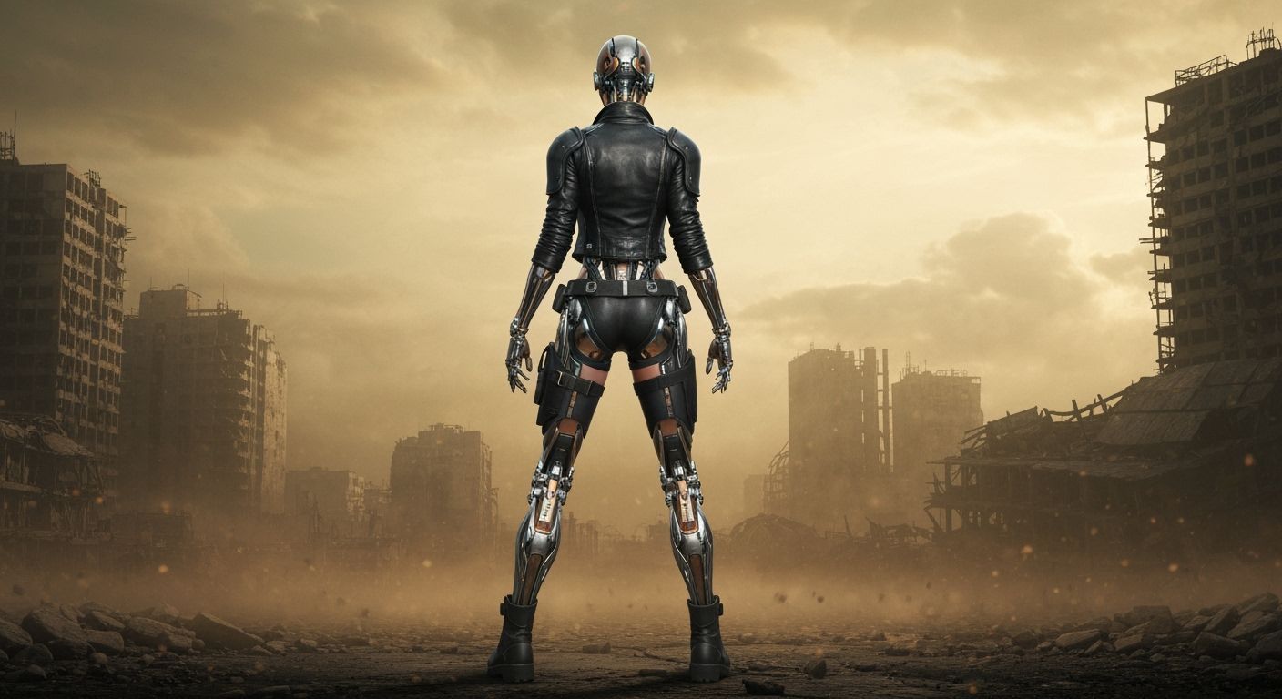 Cyborg Warrior in Post-Apocalyptic City, Biomechanical Art