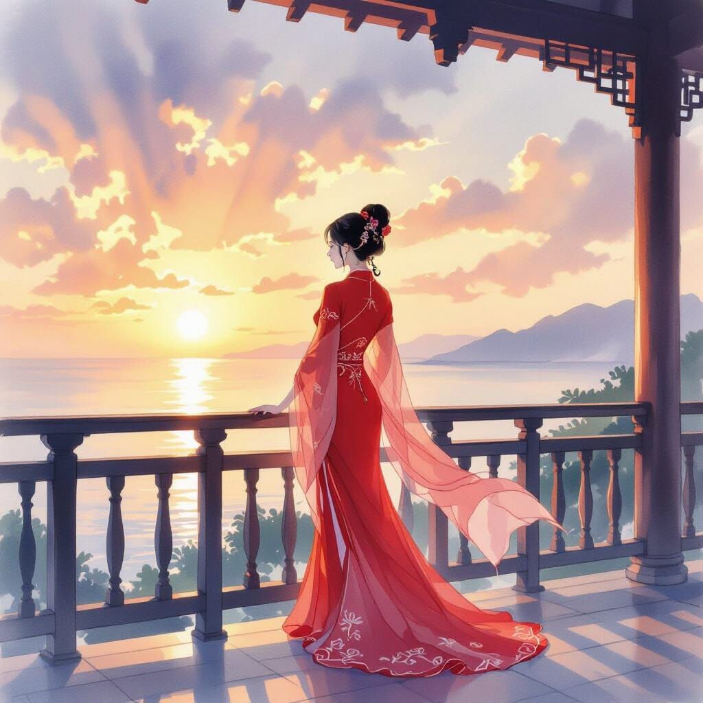Chinese Woman in Cheongsam and Ao Dai at Sunset