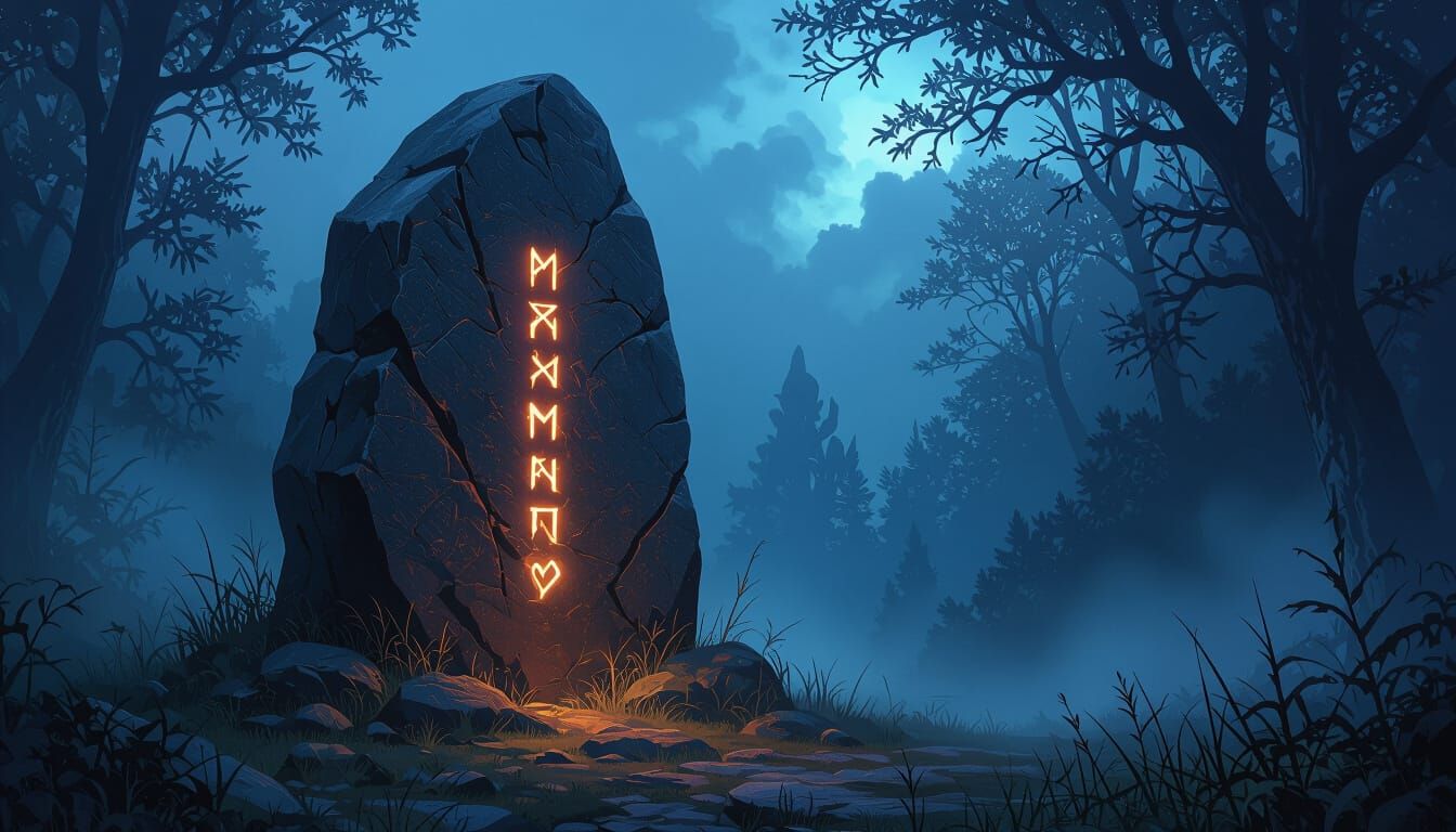 Ancient Runed Monolith in Misty Forest