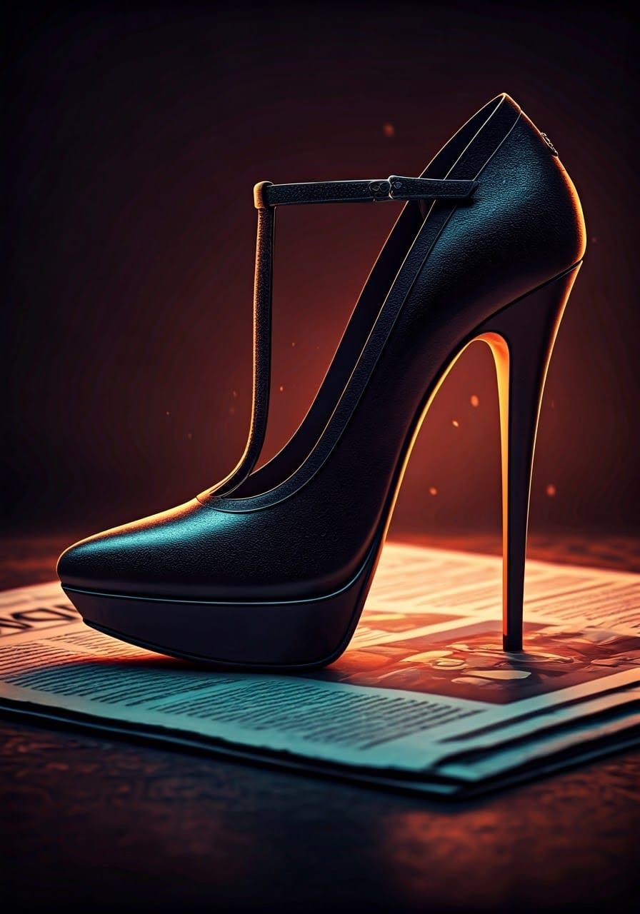A striking high-heeled shoe, characterized by its sleek, jet-black exterior, stands prominently on a newspaper. The shoe...