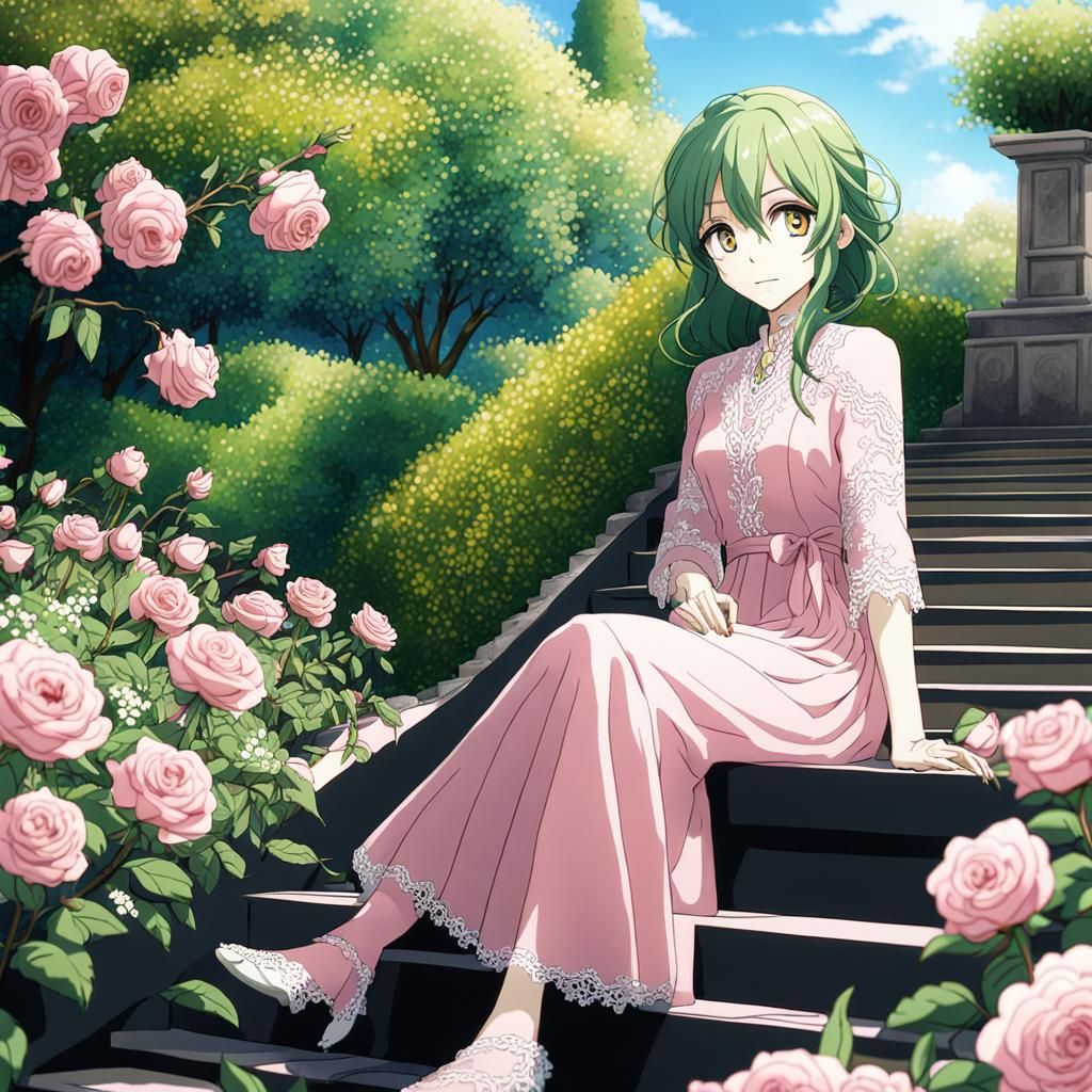 Green-Haired Teen in Garden, Anime Style