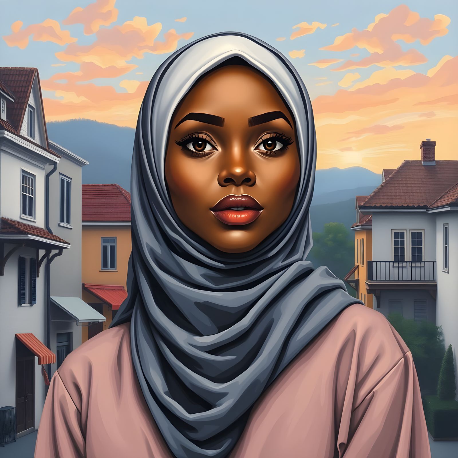 Beautiful Hijabi Woman in American Town, Oil Painting