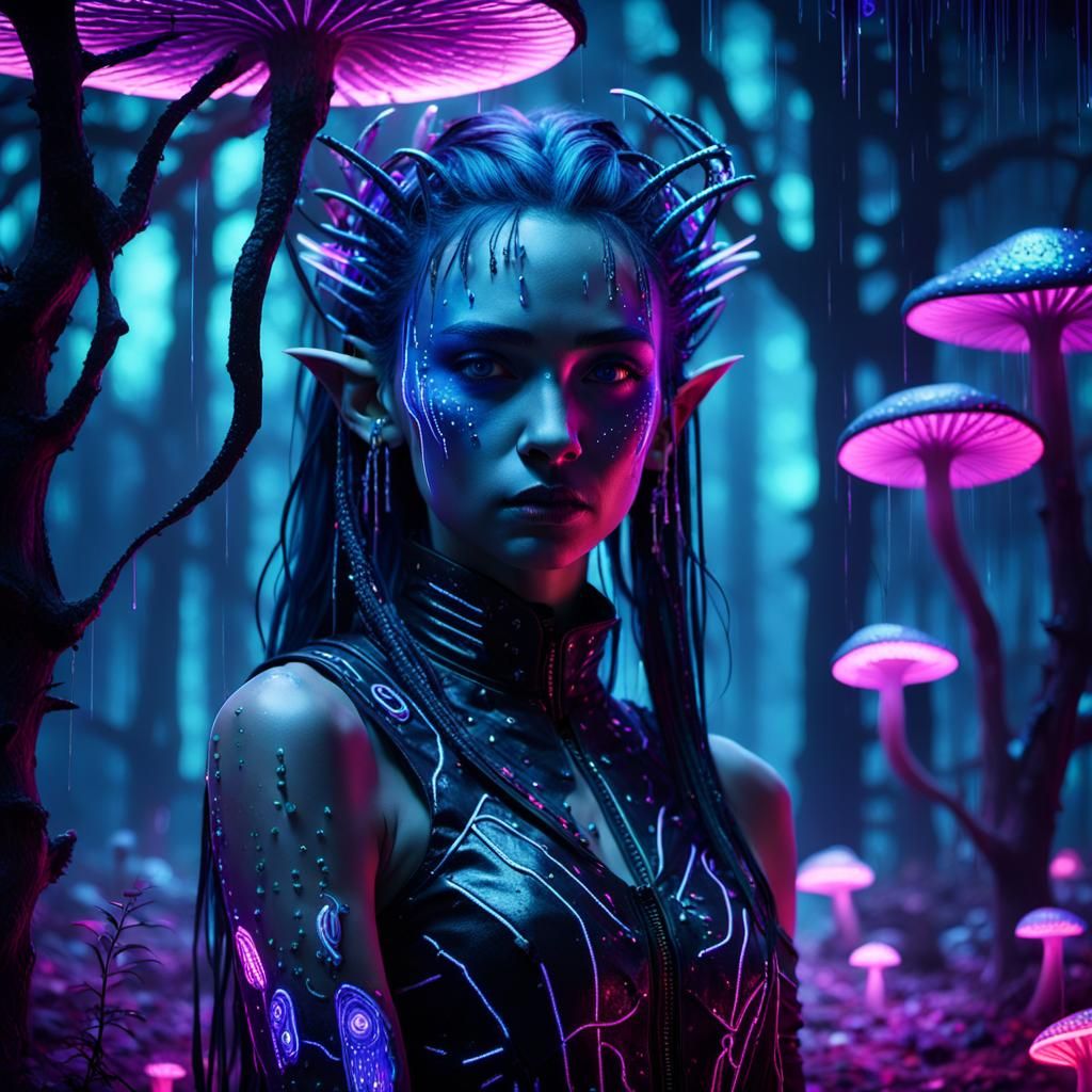Dark Halloween Elf in Cyberpunk Neon Forest