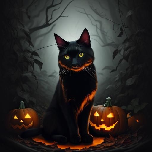 Black Cat on Pumpkins in Autumn Forest