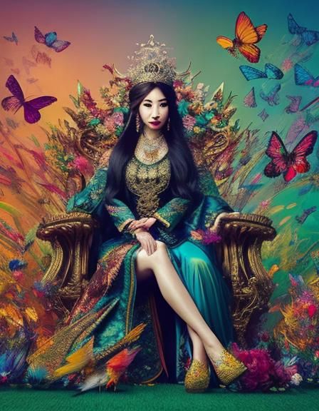 Oriental Woman on Throne with Birds, Hyperrealistic