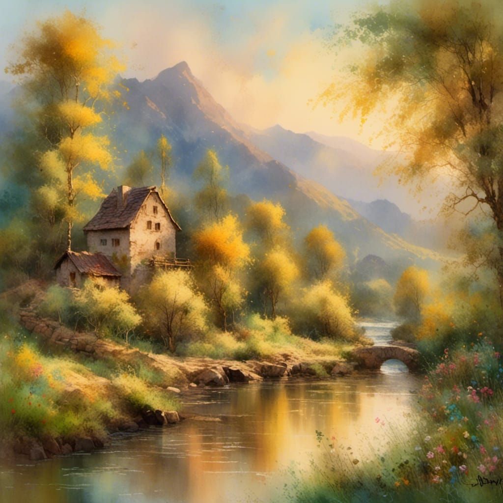 Impressionist Mill Landscape in Golden Light