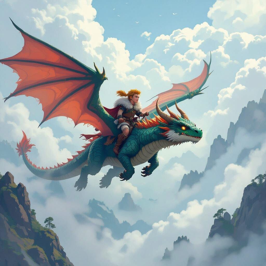 Viking Boy Rides Dragon Through Misty Nordic Skies