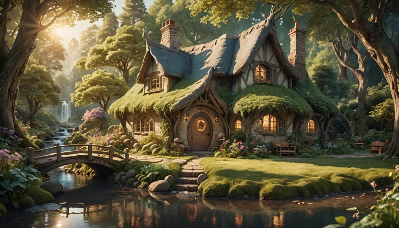 Elven Cottage Beside Stream in Watercolor Style