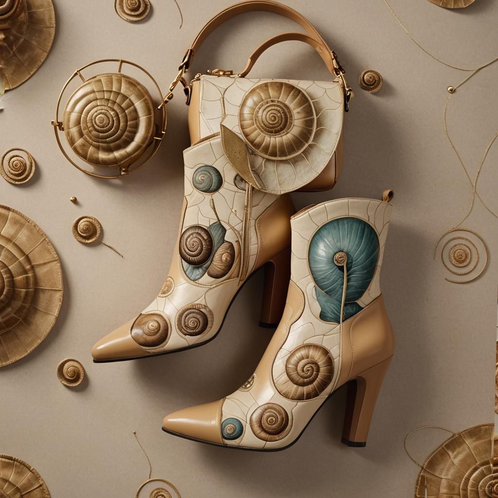 Boots and Handbag with Golden Ratio Snail Shell