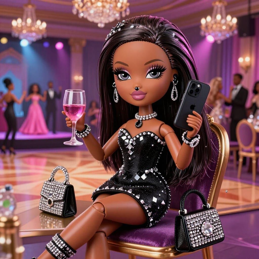 Bratz Doll in Black Diamond Dress at Glamorous Ballroom