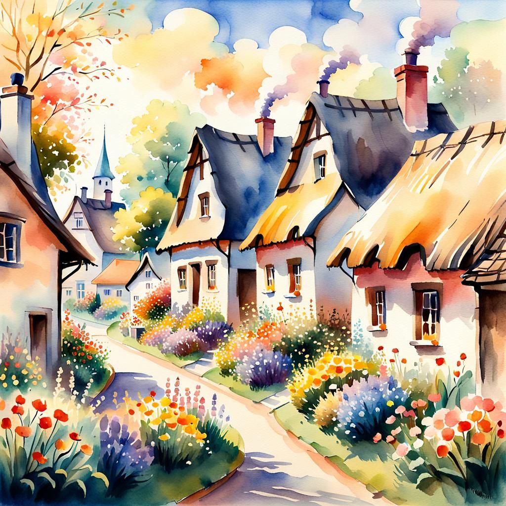 Charming Village Scene in Watercolor Style