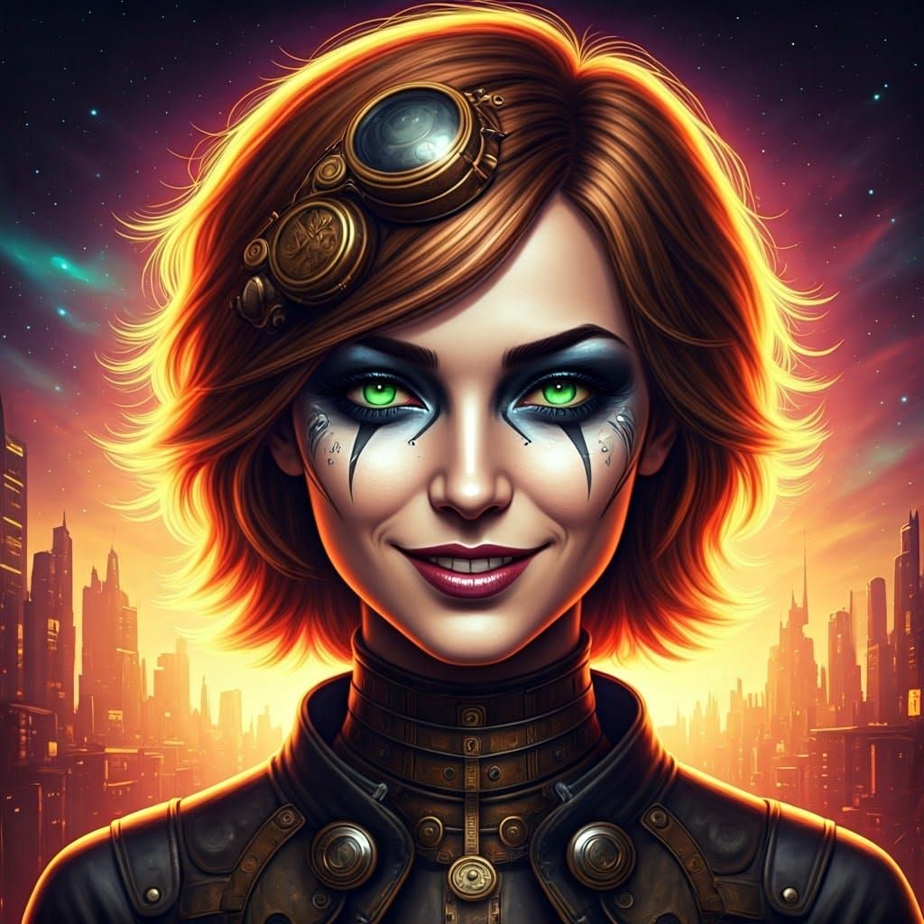 Goth Steampunk Siren Shines in Vibrant Neon Metropolis