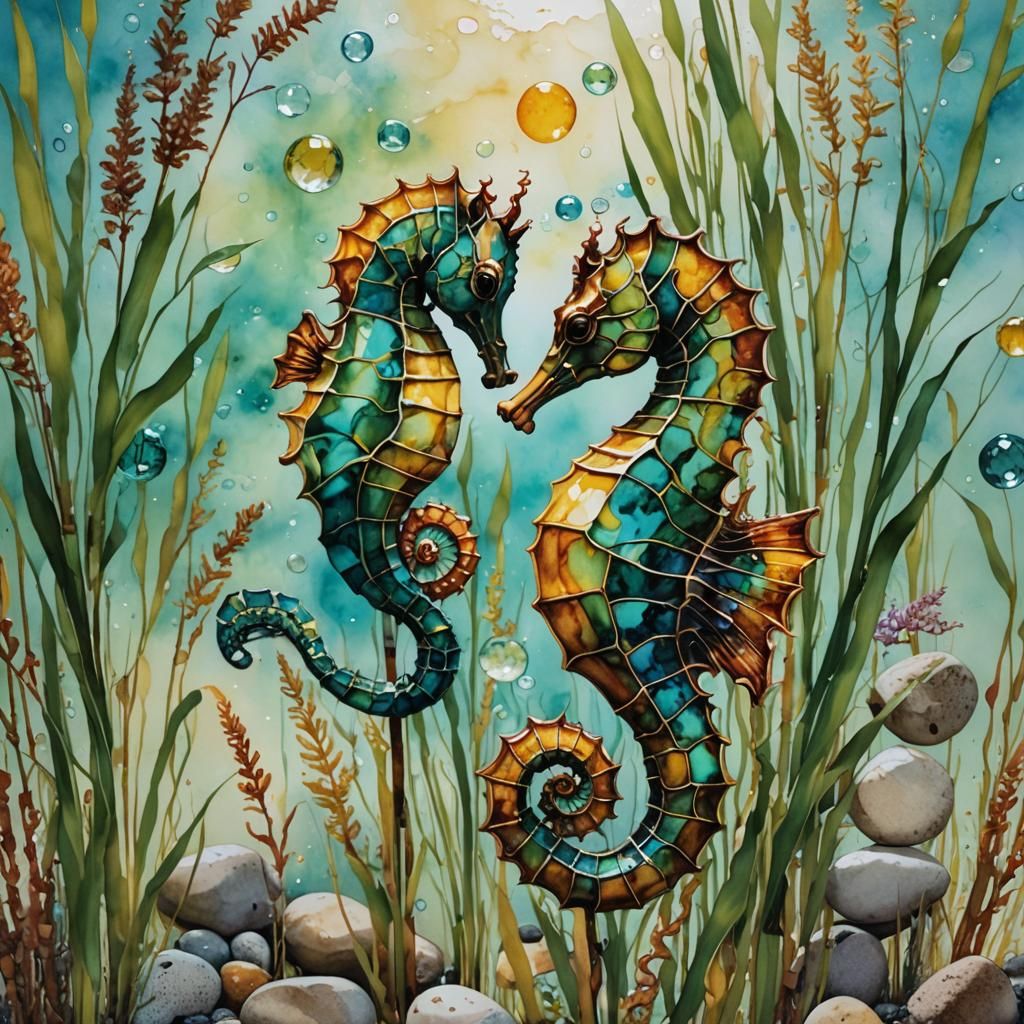 Alcohol Ink Seahorse in Sun-Dappled Water