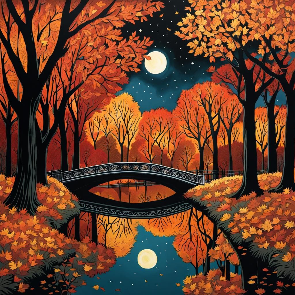 Central Park at Night: Graphic Novel Autumn Landscape