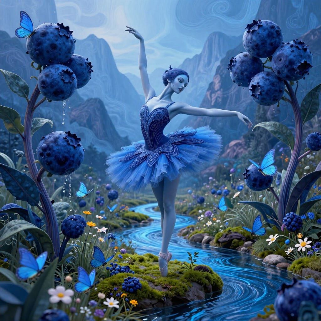 Alien Ballerina in Blue Creek, Abstract Fantasy Art