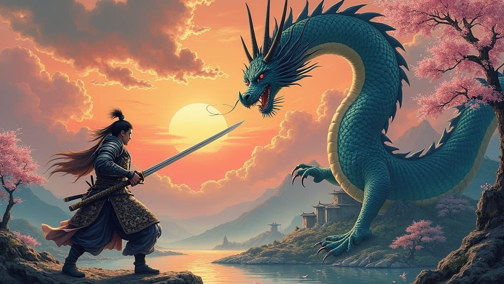 Ancient Warrior Engages Dragon in Epic Nihonga Battle