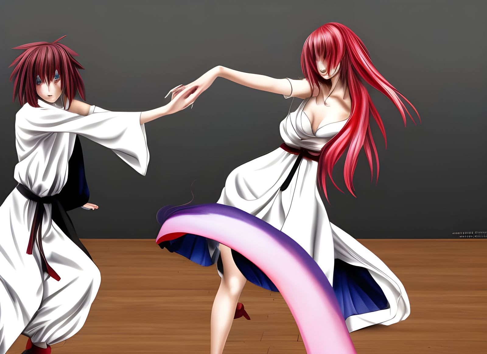 Himura Kenshin Battusai and Rias Gremory dancing the Charleston on a stage, Anime style, 8K detailed matte painting, dee...