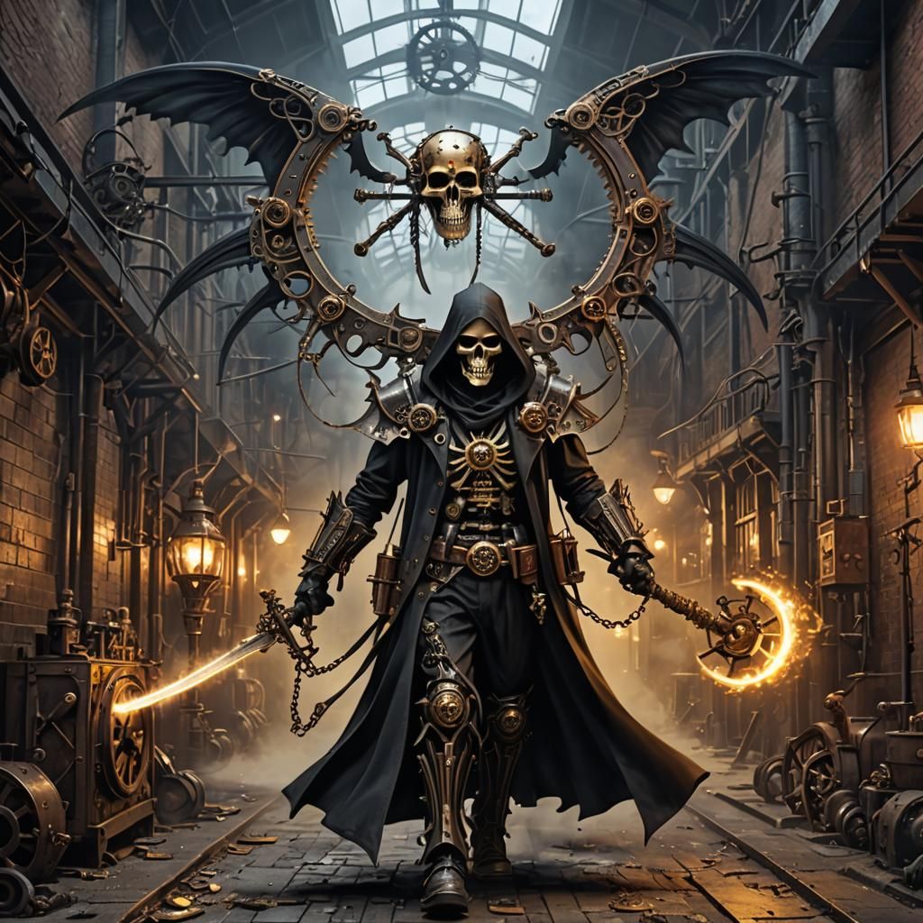 Steampunk Grim Reaper with Mechanical Wings and Gears