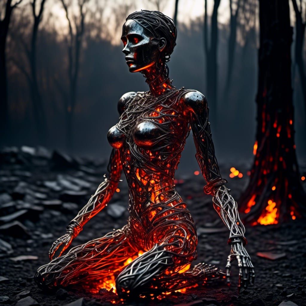 Metallic Dadaist Humanoid Form with Molten Lava