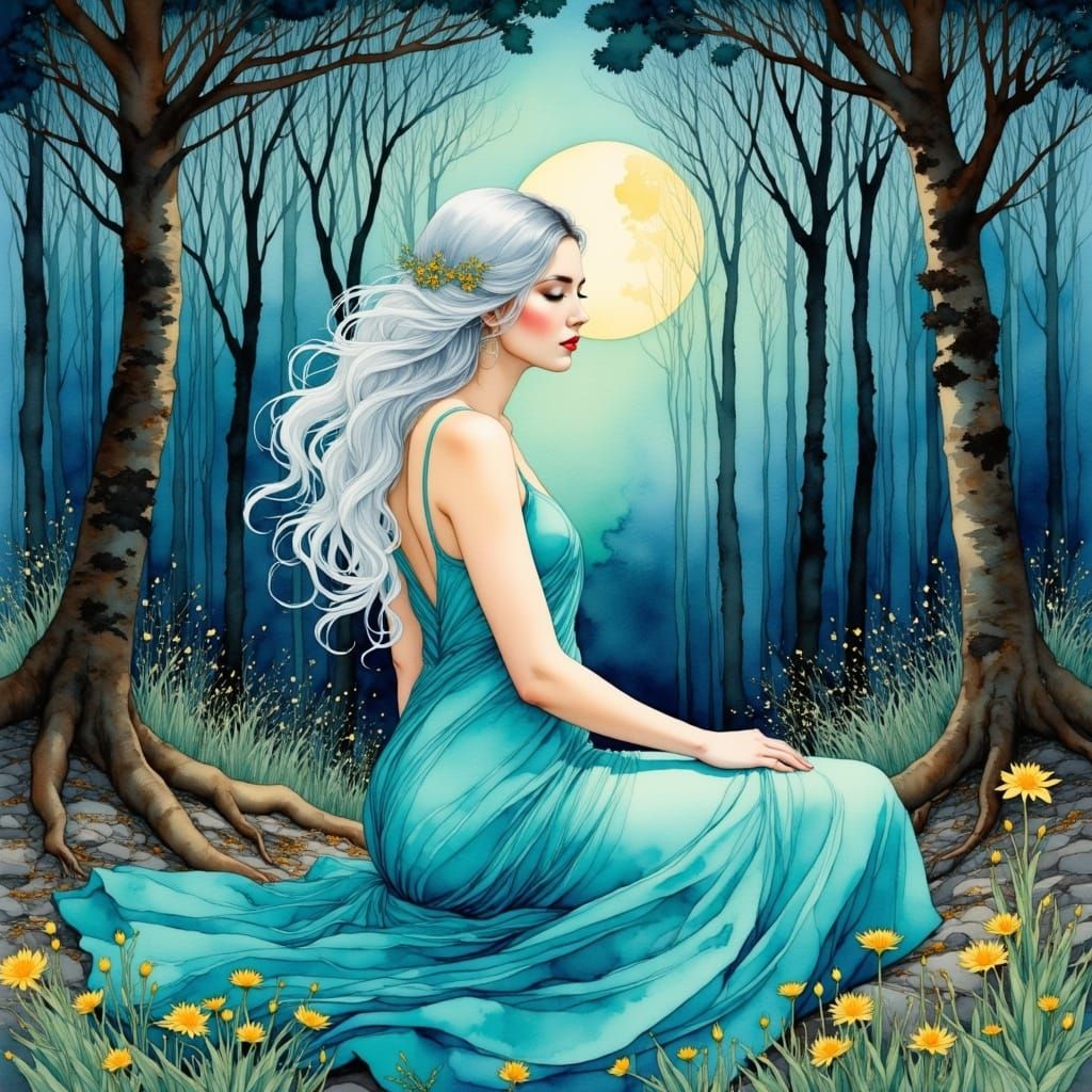 Ethereal Woman in Moonlit Grove: Art Nouveau Watercolor
