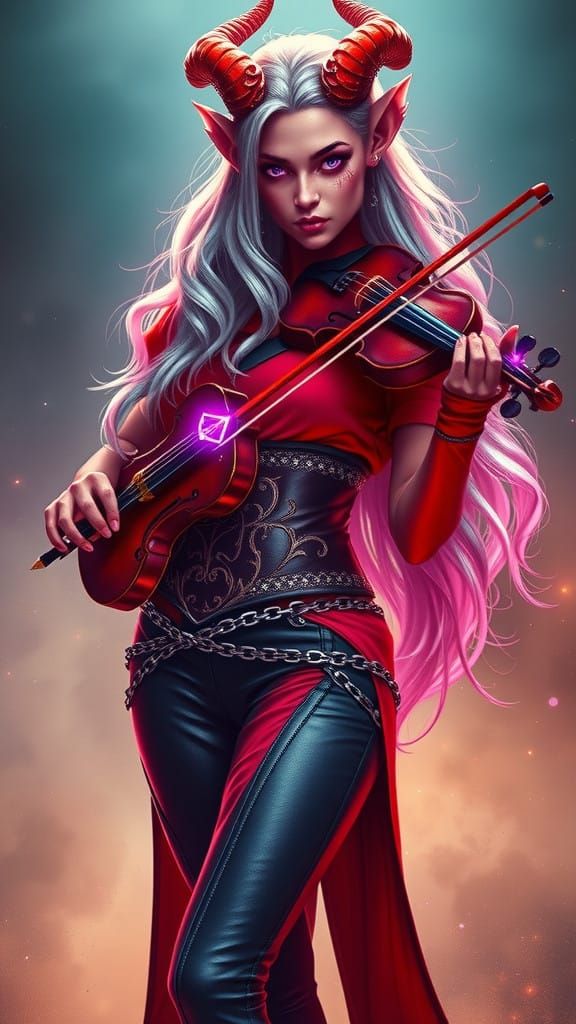 Ethereal Tiefling Bard Shines with Magic and Music
