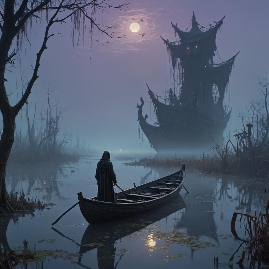 Grim Reaper in Misty Swamp, Beksiński-Inspired Art