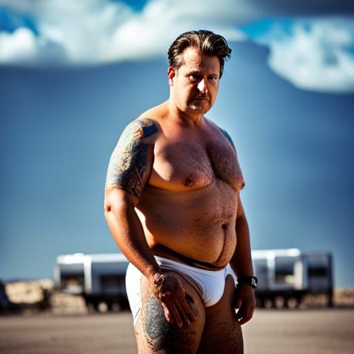 Overweight Tattooed Man in Trailer Park on Sunny Day