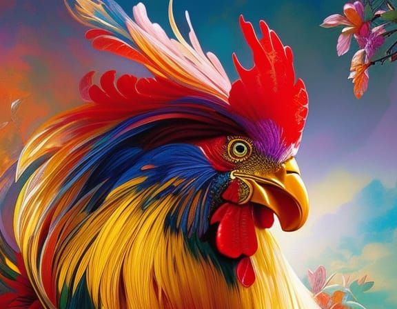 Hyperdetailed Rooster Portrait with Blooming Flowers