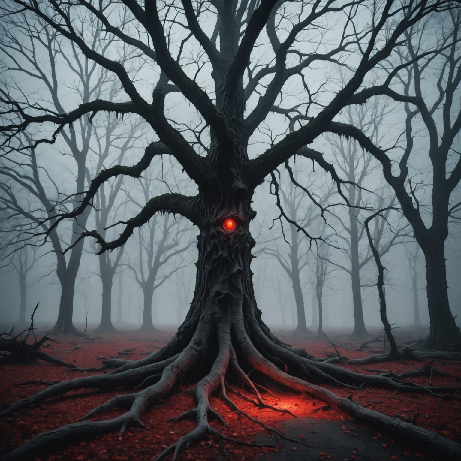 Eerie Fantasy Landscape with Glowing-Eyed Tree