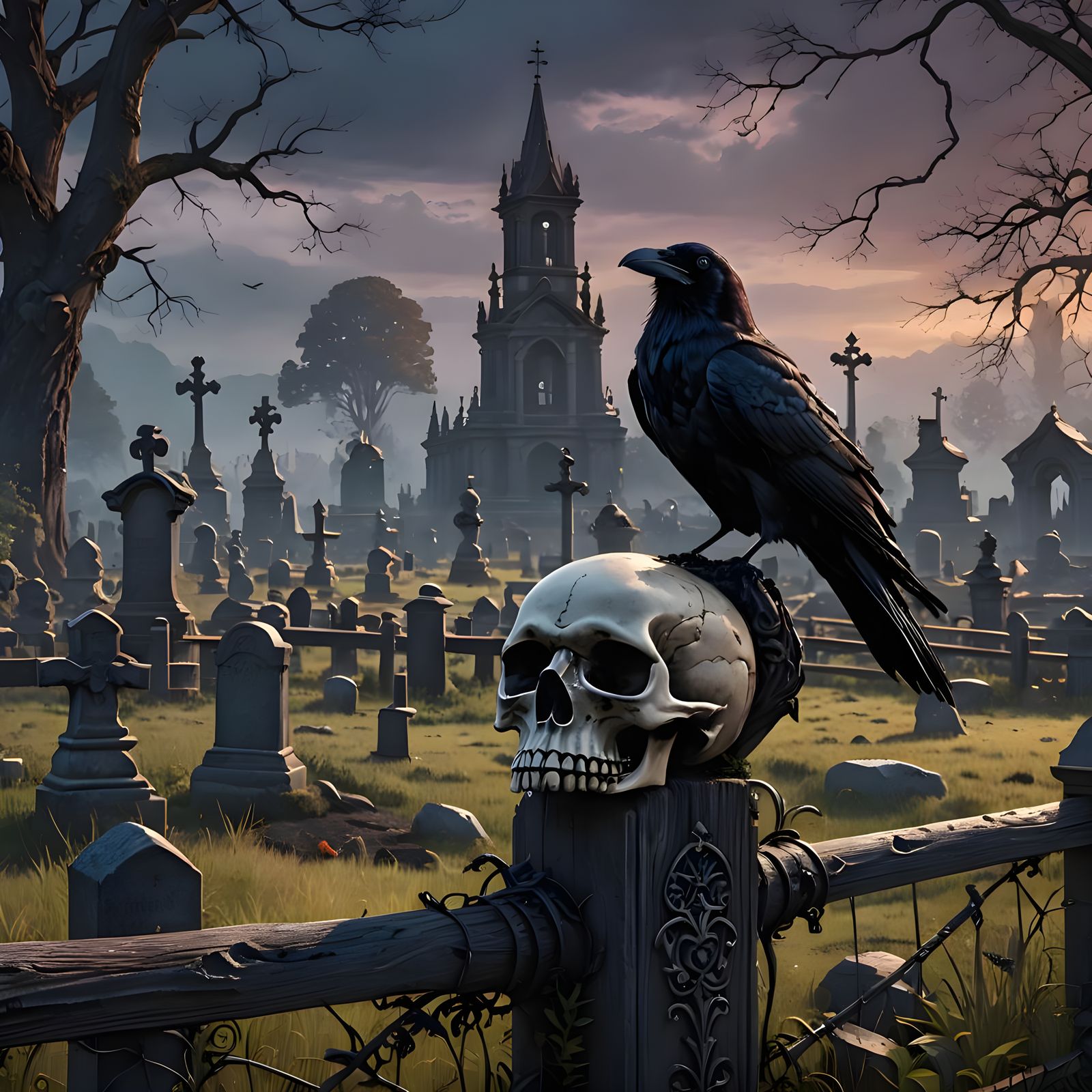 Raven on Skull in Cemetery, Fantasy Concept Art