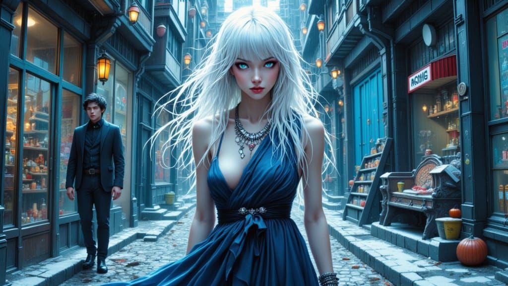 Ethereal Woman in Rainy City: Surreal Illustration