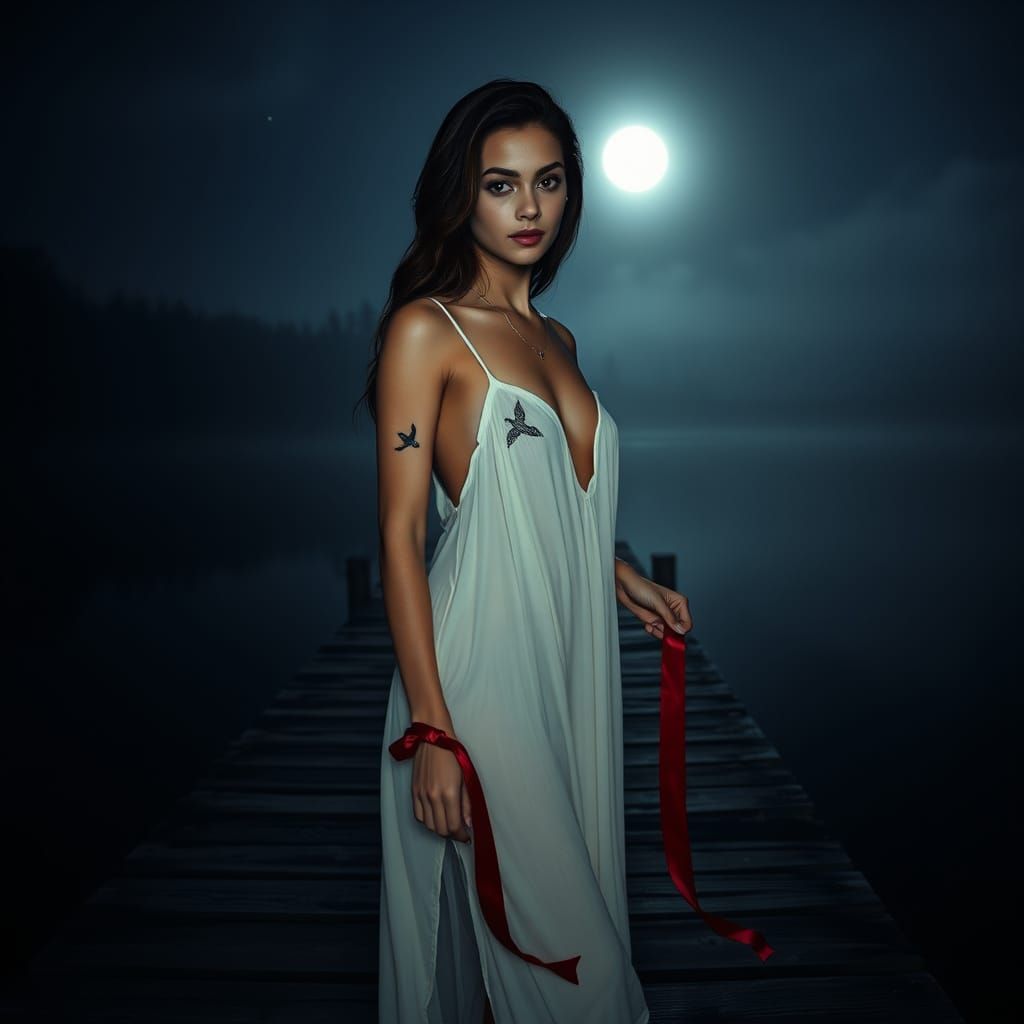 Moonlit Woman on Dock with Red Ribbon