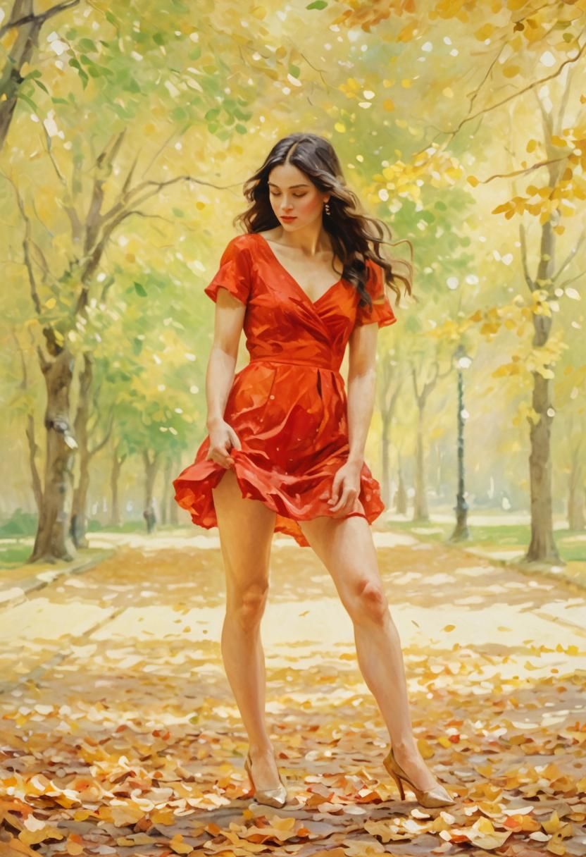 Impressionist Autumn Lady in Red Dress