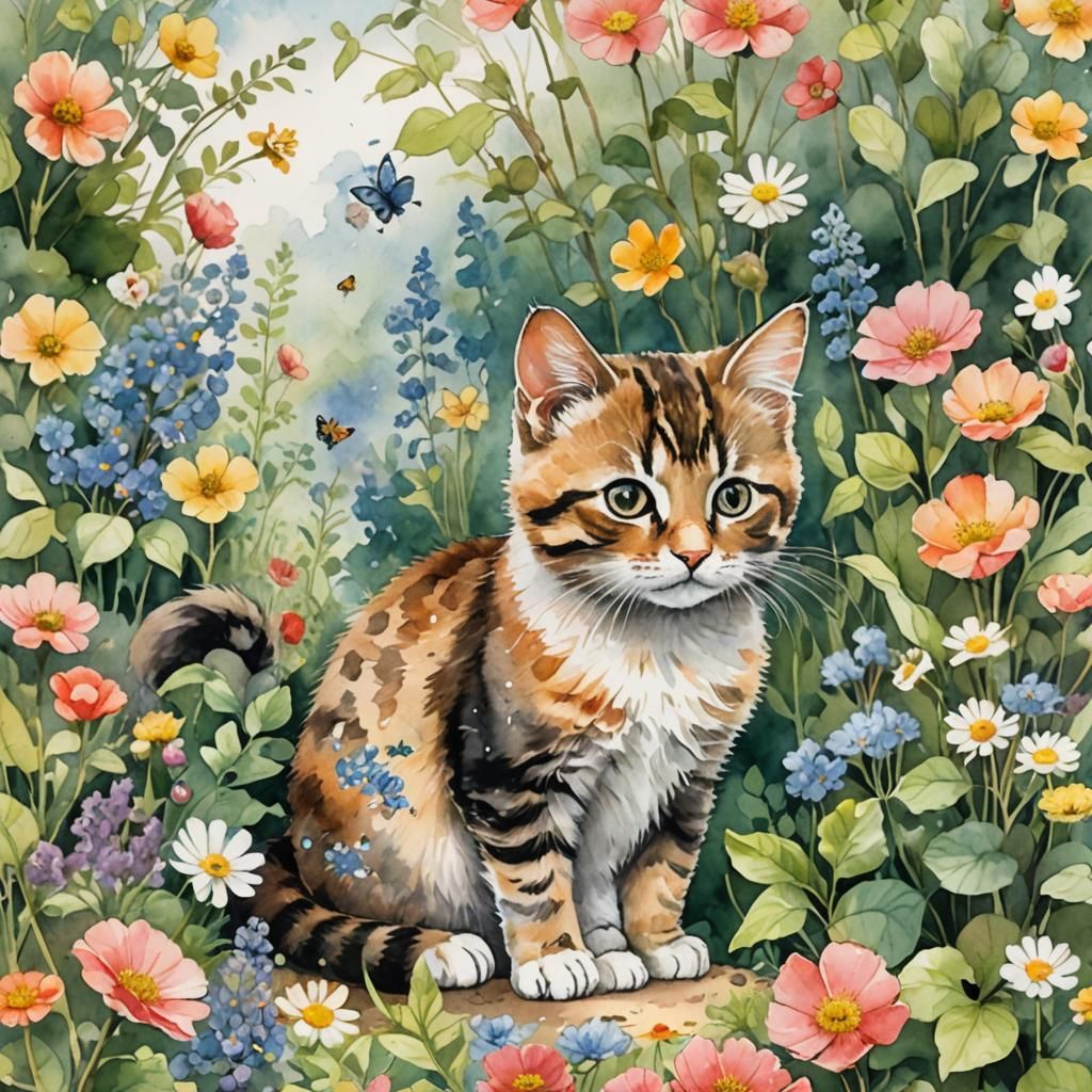 Adorable Kitten in Watercolor Garden Illustration
