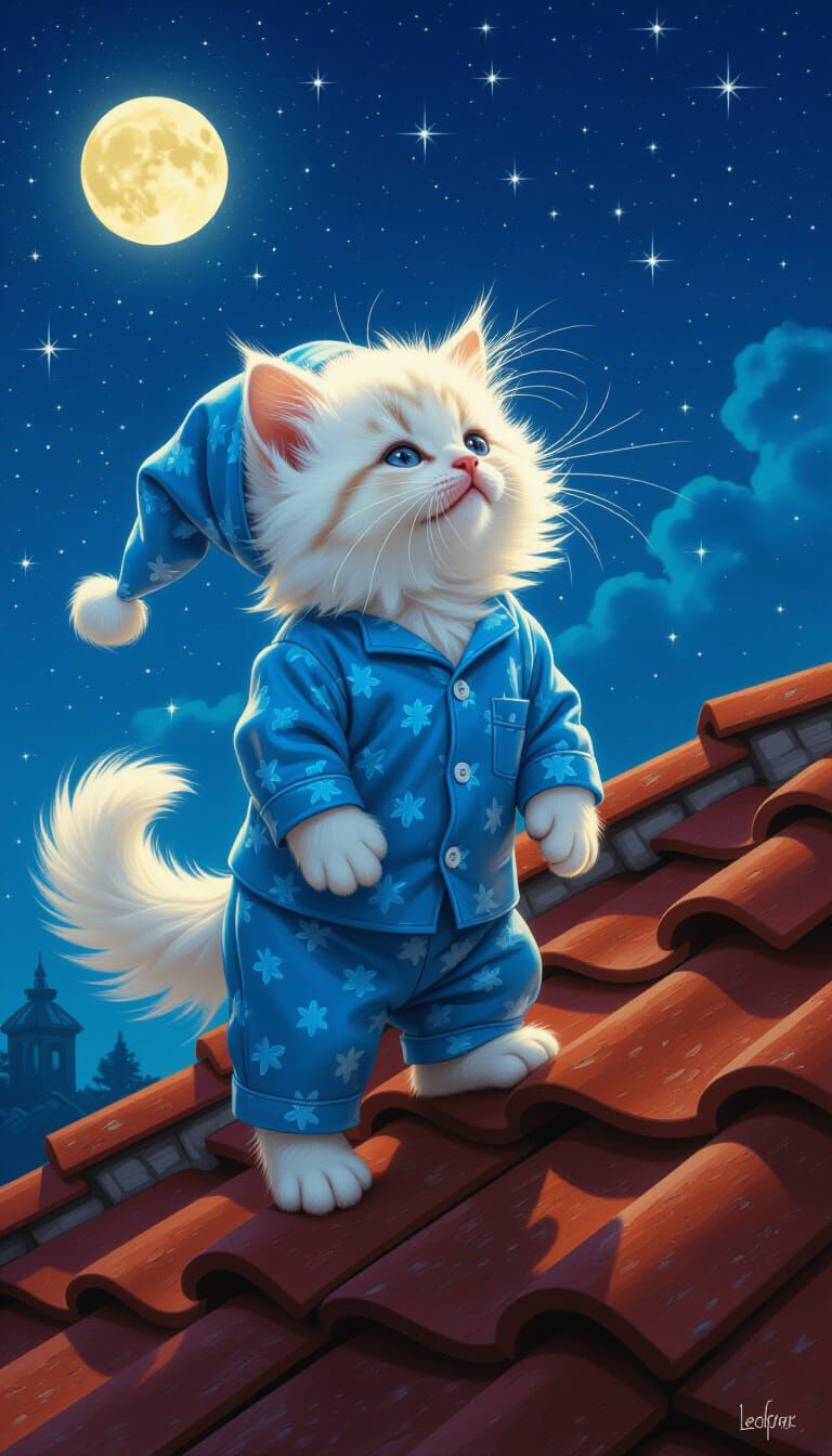Fluffy Kitten in Pajamas on Roof at Midnight