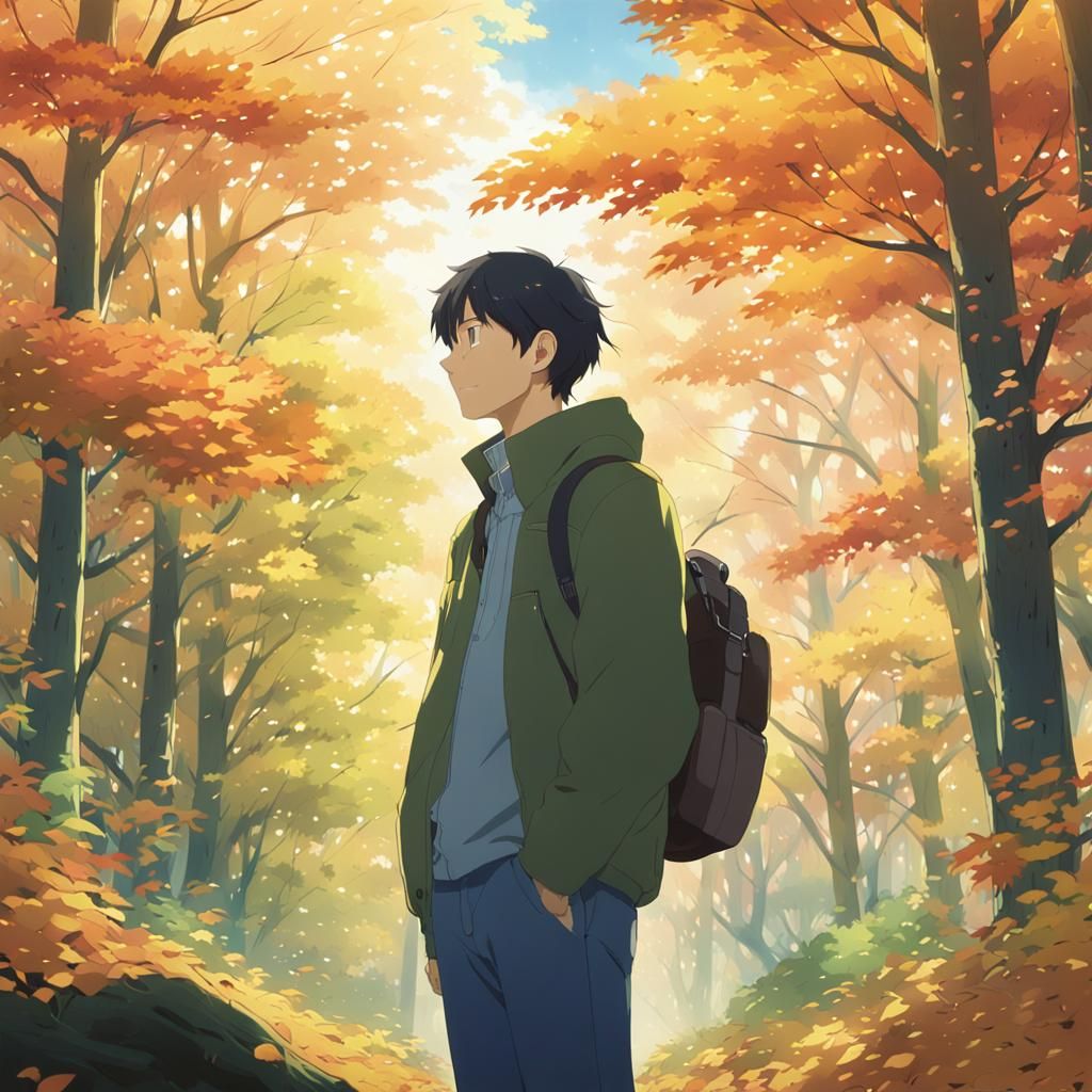 Melancholic Man in Autumn Forest, Anime Key Visual