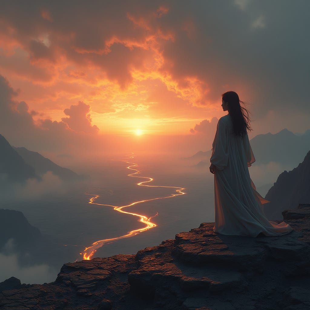 Woman Overlooks Volcanic Landscape Under Alien Sky