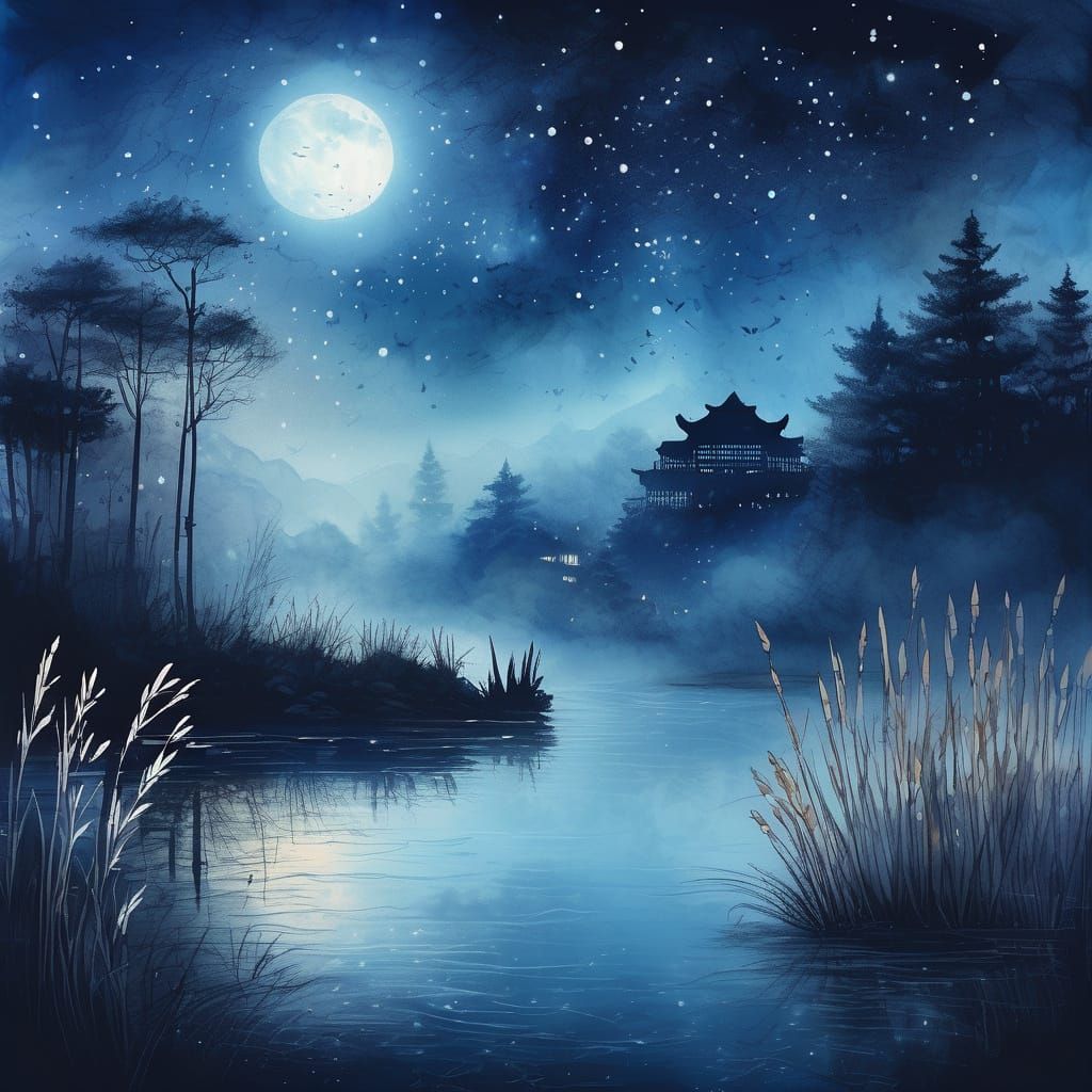 Watercolor Heron by Chinese Village in Foggy Night