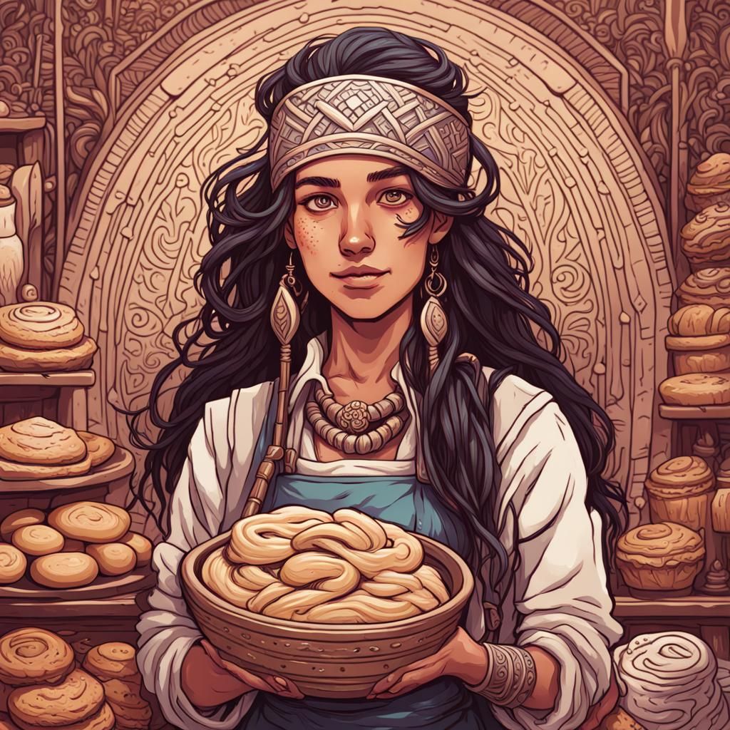 Ornate Portrait of Incan Baker in Fantasy Art Style