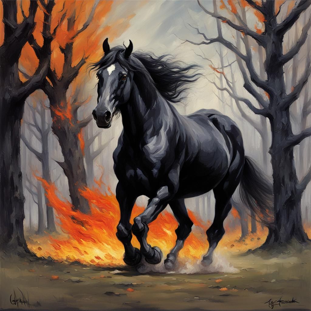 Impressionistic Black Horse with Flaming Hooves