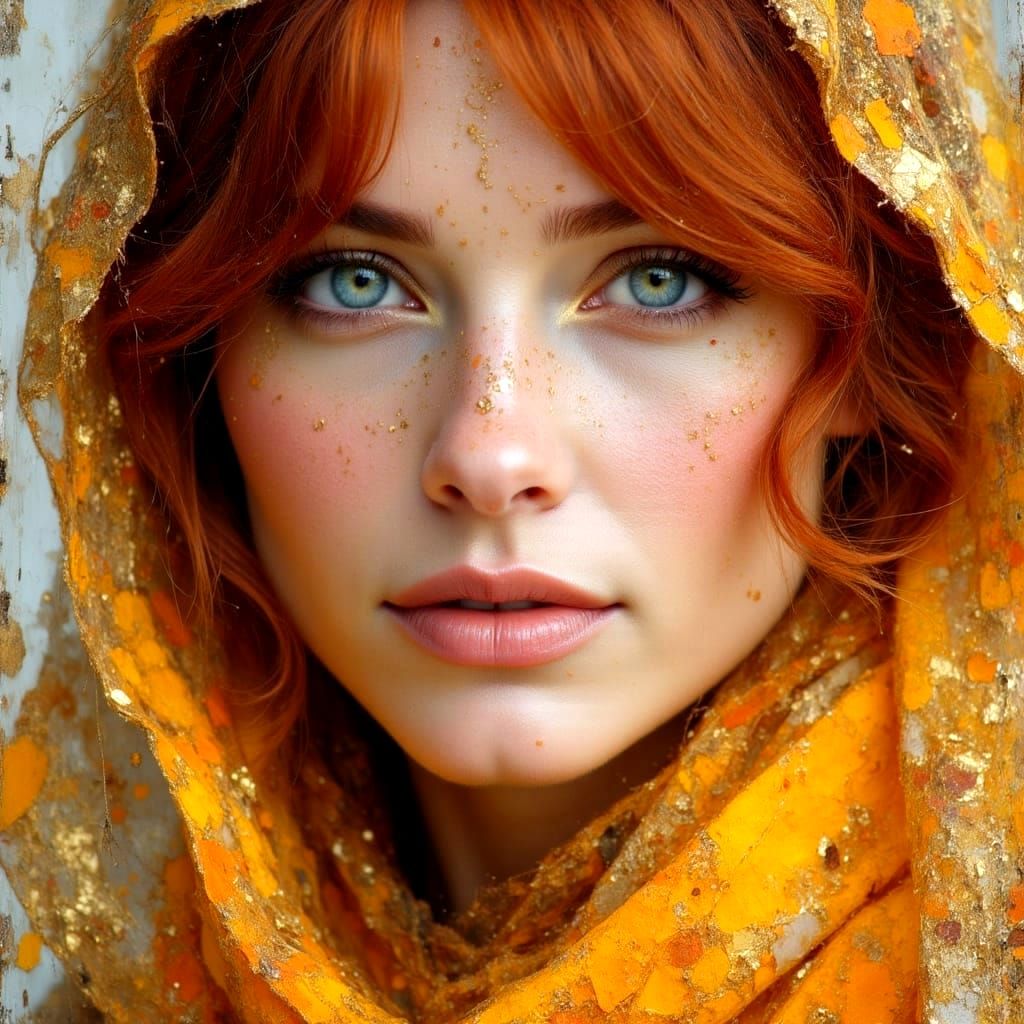 Auburn-Haired Woman with Blue Eyes, Mixed Media Portrait