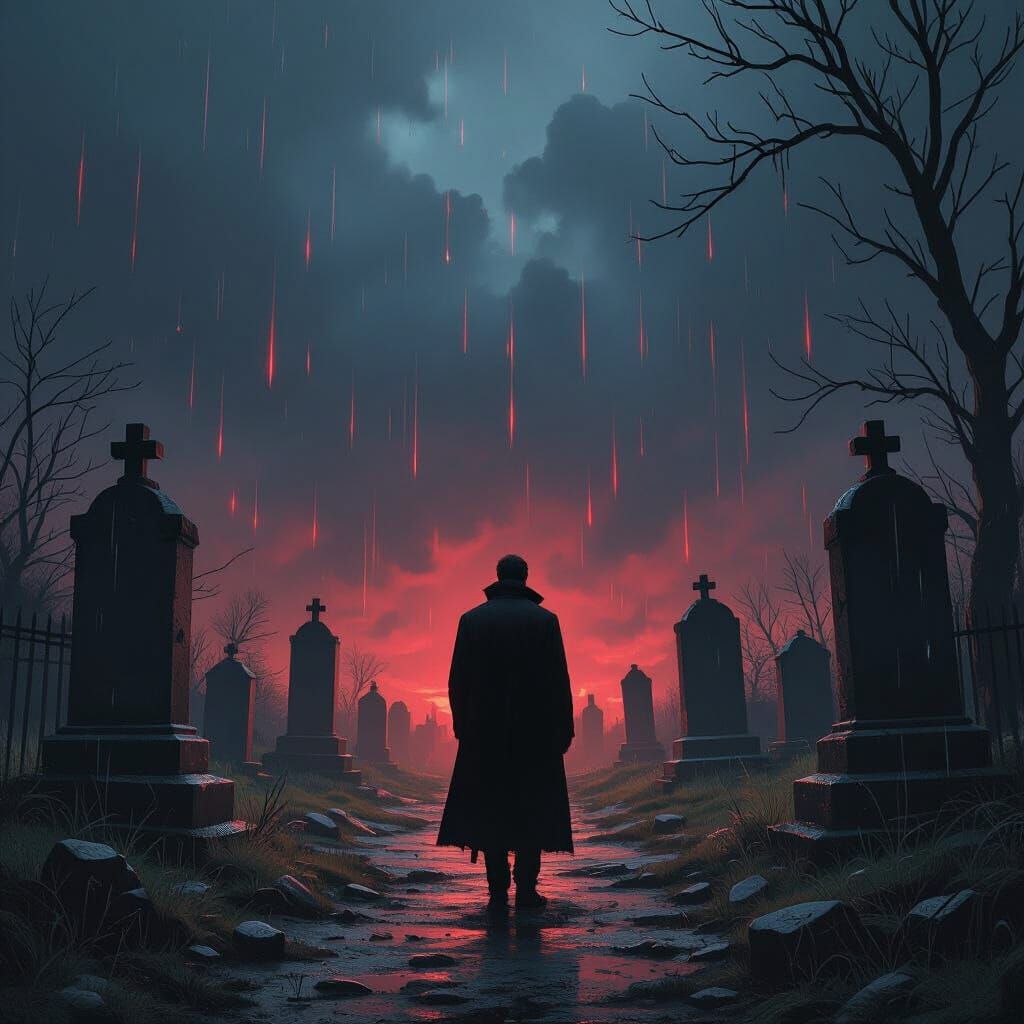 Eerie Graveyard Scene with Man in Black Coat