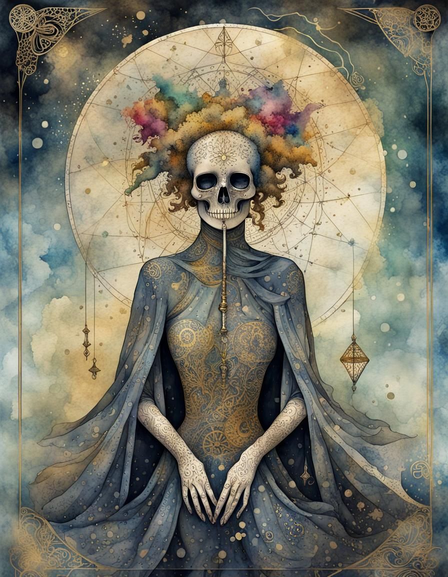 Surreal Death Tarot Card in Watercolor Ink Style